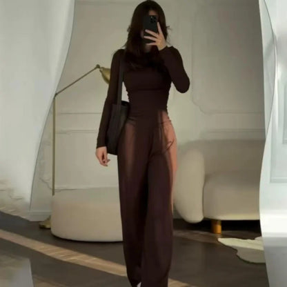 Women's Fashionable round Neck Long Sleeve Elastic Waist Pants Set Casual Style Two-Piece Suit Autumn Collection Trendy Outfit