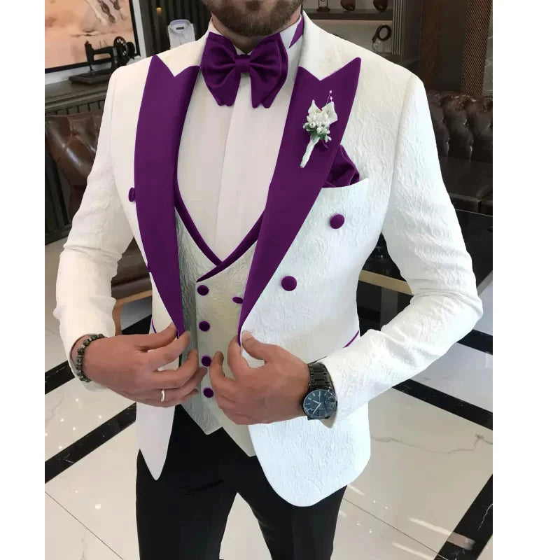Floral Wedding Suits for Men Double Breasted Jacket with Vest Pants 3 Pieces Peak Lapel Groom Tuxedo Male Fashion Suit