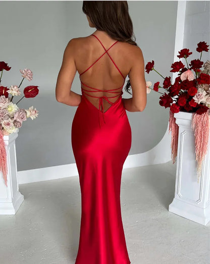 New Fashion Backless Women's Evening Dresses Slash Neck Spaghetti Strap Satin Dress Spring and Summer High Waist Slim Lady Dress