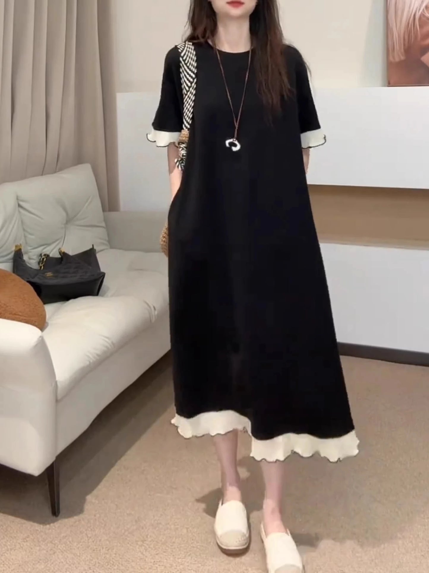 Summer New plus Size Slimming Black Dress with White Flower Hem Straight Tube Top Short Sleeve Comfortable Breathable Women's...