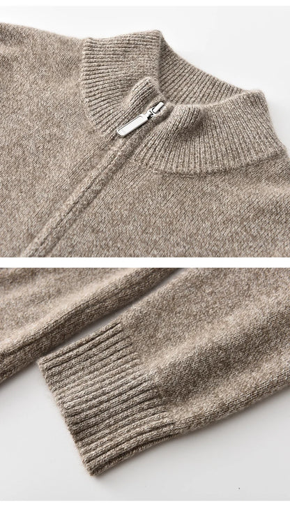 New 100% pure cashmere sweater sweater coat men's semi-high-necked zipper cardigan floral yarn padded warm coat