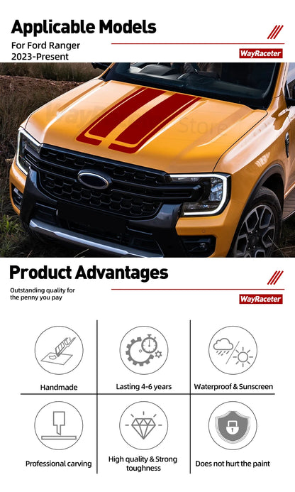 2 Pcs Engine Cover Decal Boonet Hood Stripes Sticker For Ford Ranger 2025 2024 2023 T9 Raptor 4X4 Off Road Wildtrak Accessories