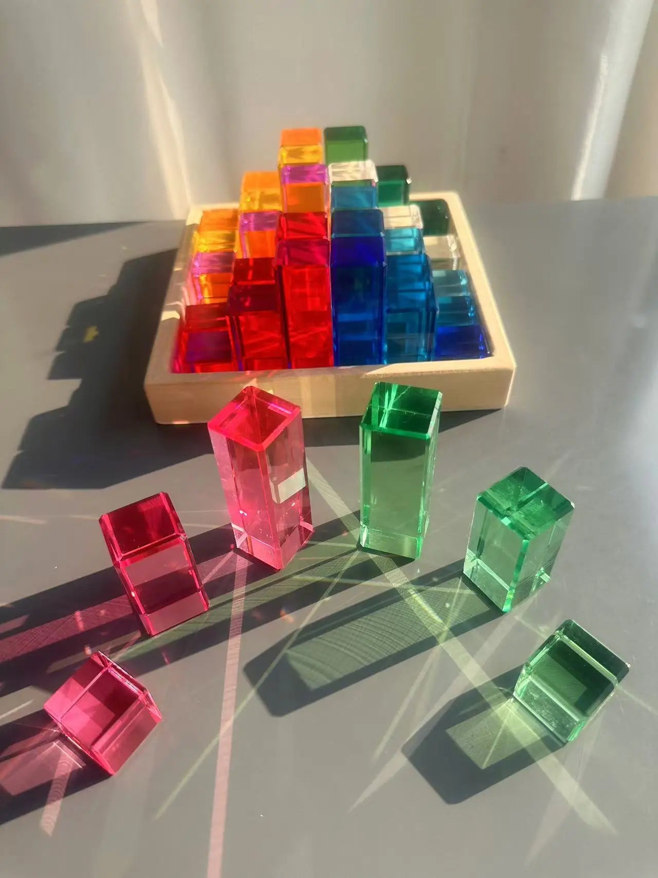 Wooden Building Blocks Set Stacking Castle Toys with Transparent Cubes Rainbow Timbers Trees Animals Giraffe for Kids