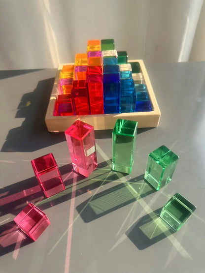 Wooden Building Blocks Set Stacking Castle Toys with Transparent Cubes Rainbow Timbers Trees Animals Giraffe for Kids
