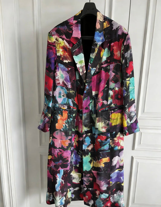 TOP-YAMAMOTO's original design, "Flower Encyclopedia", floral trench coat designer, Sangcan Silk Coat