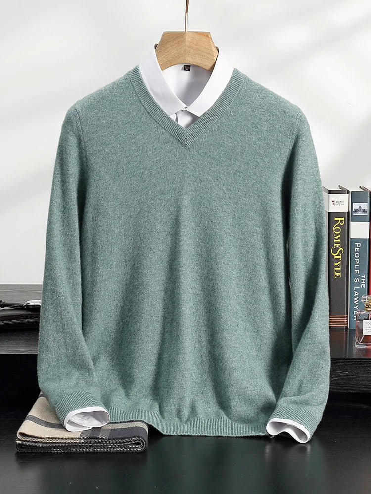100% Cashmere Sweater Men's V-Neck Knit Pullover 2025 Spring/Autumn New Solid Color Long Sleeved Tops Business Casual Menswear