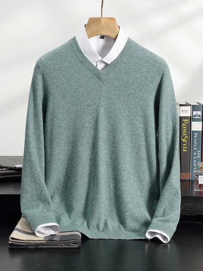 100% Cashmere Sweater Men's V-Neck Knit Pullover 2025 Spring/Autumn New Solid Color Long Sleeved Tops Business Casual Menswear
