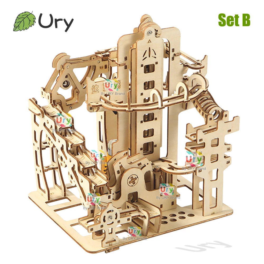 Ury 3D Wooden Puzzles Electric Catapult Track Device Marble Run Set Mechanical Model Science Maze 7 Balls Assembly Gift