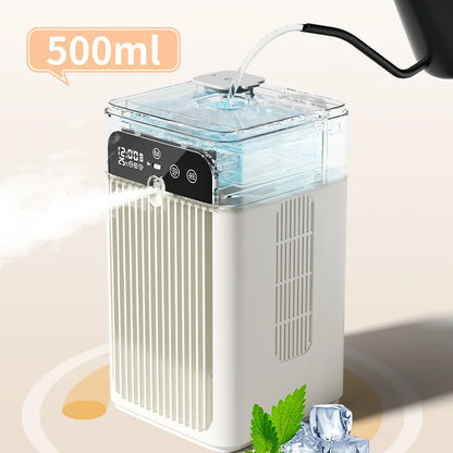 portable mist fan, spray cooling fan, rechargeable humidifier fan, digital display travel mist fan, safety lock portable fan