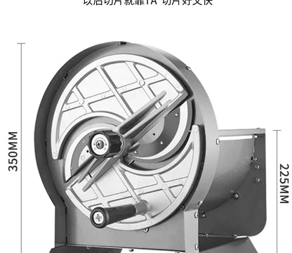 New small manual multi-function slicing machine. Cuts lemon slices, lotus root, fruits and veggies. For milk tea shops.