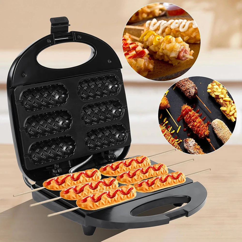 Electric Hot Dog Machine Waffle Maker 6 Corn Dogs Non-Stick Double-sided Heating Sausage Roll Maker Breakfast for Kid Party 220V