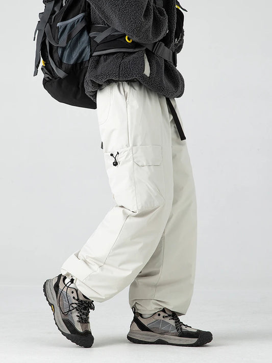 Thickened Warm Duck down Casual Pants Men's Winter Climbing Long Trousers Fashionable Loose Fit Straight Leg Multi Pocket