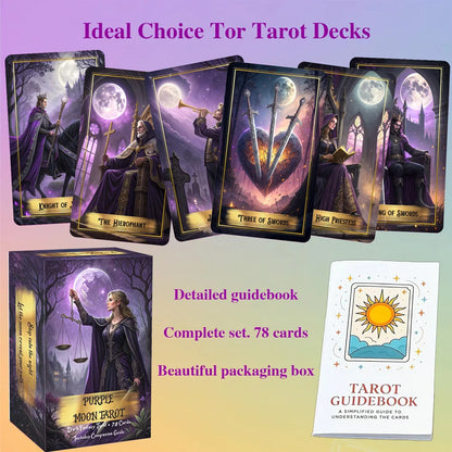Purple Moon Tarot Cards Set, 78 Pieces, 13x8 Cm, Includes Paper Instructions, Perfect for Beginners, Enter Mystical Realm