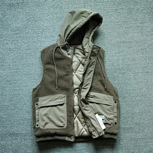 Warmth And Style Men's Autumn Winter Lamb Velvet Hooded Vest Jacket Casual Handsome Shoulder Bared Zipper Workwear Cotton Vest