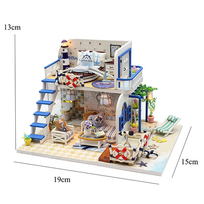 Wooden DIY Miniature Dollhouse Kit with LED Lights 3D Puzzle Doll House Building with Furniture Creative Craft Gifts Home Decor