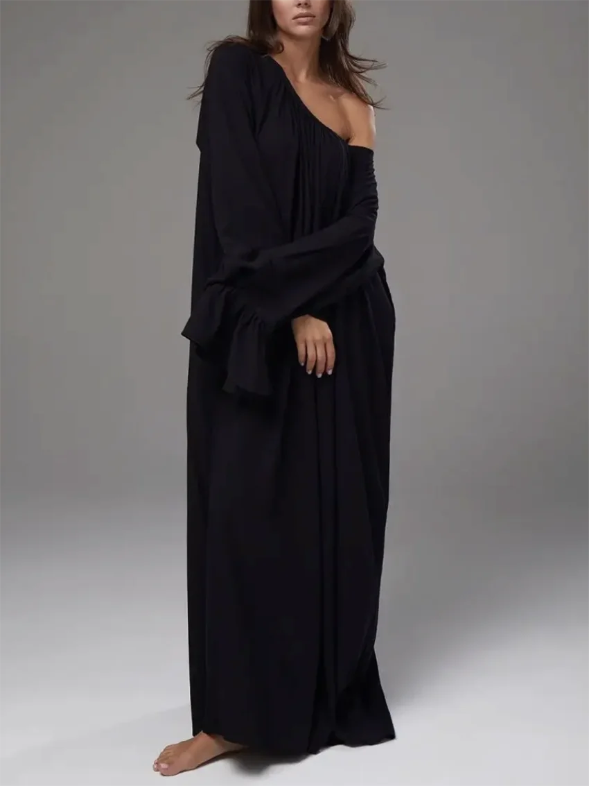 Parc Fee Casual Loose White Women Dress 2025 Elegant U-Neck Long Sleeve Floor-Length Dresses Simple Oversize Solid Female Dress
