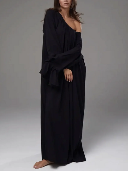 Parc Fee Casual Loose White Women Dress 2025 Elegant U-Neck Long Sleeve Floor-Length Dresses Simple Oversize Solid Female Dress