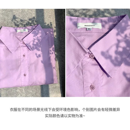 100% Cotton Loose Solid Color Basic Shirt For Women Spring 2026 Elegant Office Ladies Lapel Collared Cardigan Long-Sleeve Shirts