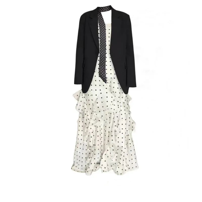 Black Suit And Polka Dot Dress Two-Piece Set for Women Early Spring Fashion Slimming Effect Ribbon Detail Long Sleeve Button-Up