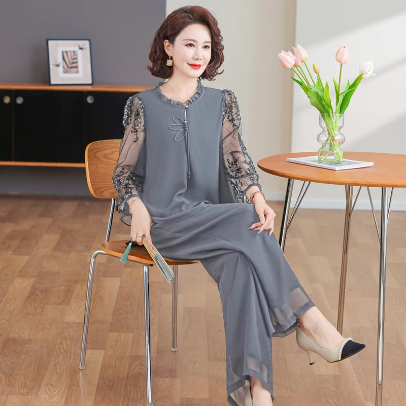 New 2026 Summer Fashionable Thin Two-Piece Set for Older Women Age-Defying Trendy Top And Bottom Ensemble Polyester Fiber