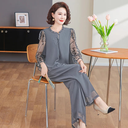 New 2026 Summer Fashionable Thin Two-Piece Set for Older Women Age-Defying Trendy Top And Bottom Ensemble Polyester Fiber