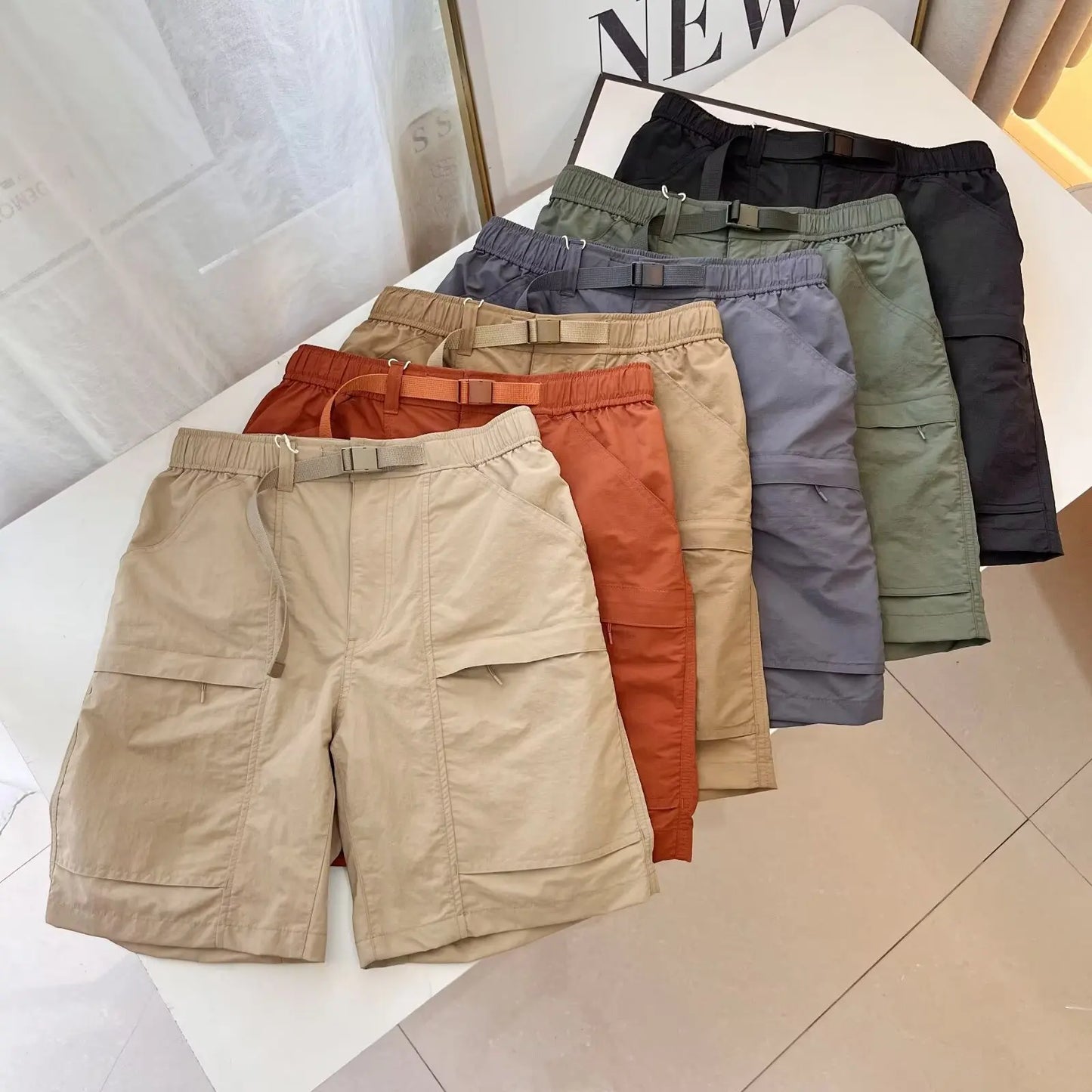 Men's and Women Solid Cargo Shorts with Pockets Casual Belted Sporty Track Shorts Pants