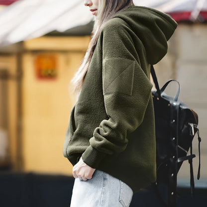 Maden Autumn and Winter Thickened Polar Fleece Hooded Sweatshirt for Women Dark Green Oversized Sweater Warm Streetwear Hoodies