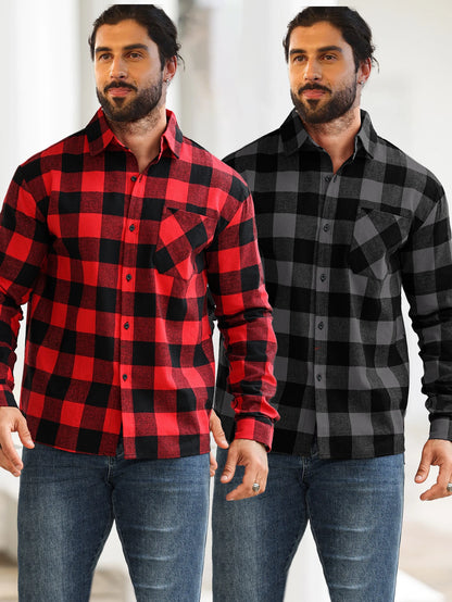2-Piece Men's Multi-Pattern Plaid Shirt with Color Block Design, Single-Breasted with Pockets, Suitable for Layering or Wearing