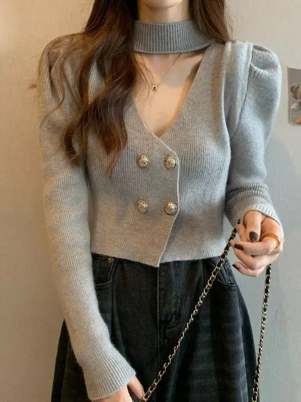 Elegant V-Neck Bubble Sleeve Knitwear Short Top Fashion Trend Neck Hanging Style Girl's French Style Slim Fit Long Sleeve Autumn