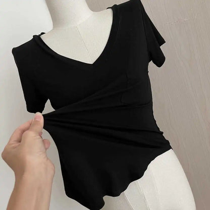 Women's Solid Color T-Shirt Summer Thin Fashion V-Neck Short Sleeve Loose Tees Casual Korean Soft Basic Top For Women