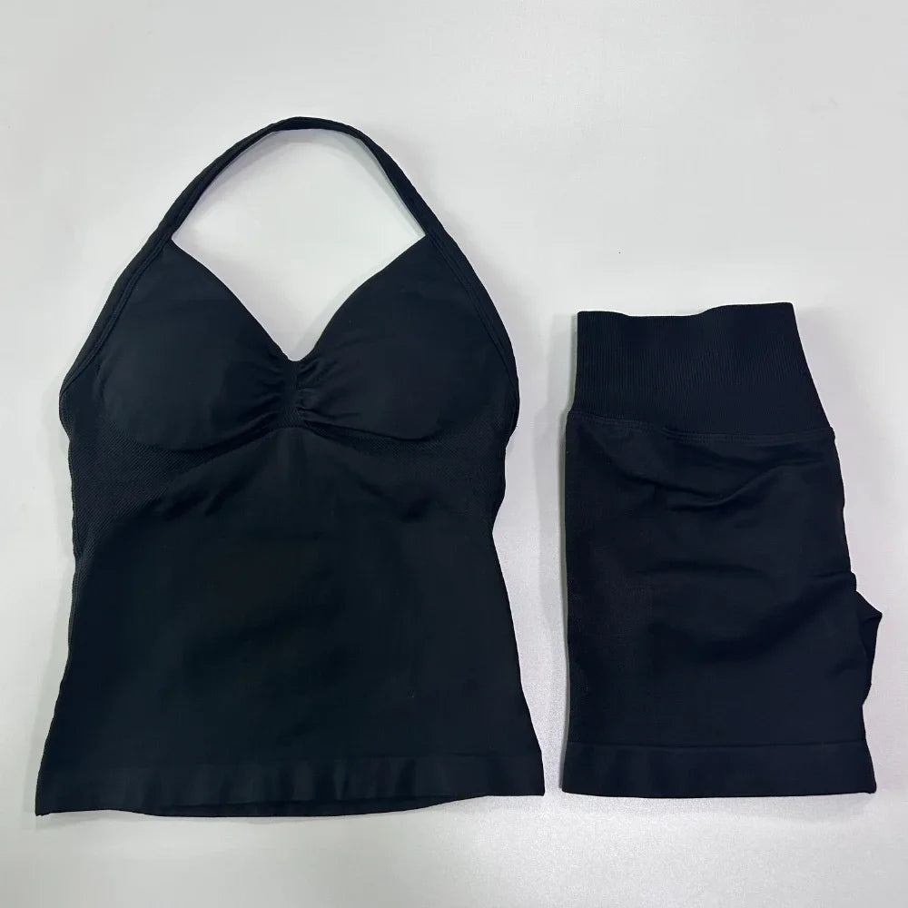 2 Pieces Sports Set Women Backless Tank Yoga Tops High Waist Scrunch Seamless Shorts Sport Gym Set Sportswear Workout Set