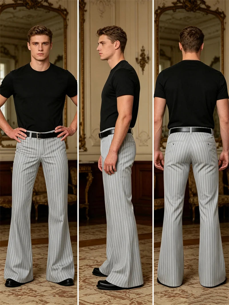 Men's Polyester Blend High Waist Flared Pinstripe Pants Soft Breathable Disco Party Retro Stage Nightclub Spring Summer Trousers