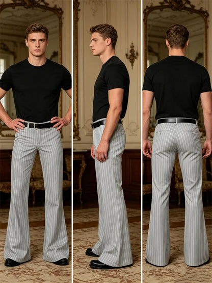 Men's Polyester Blend High Waist Flared Pinstripe Pants Soft Breathable Disco Party Retro Stage Nightclub Spring Summer Trousers