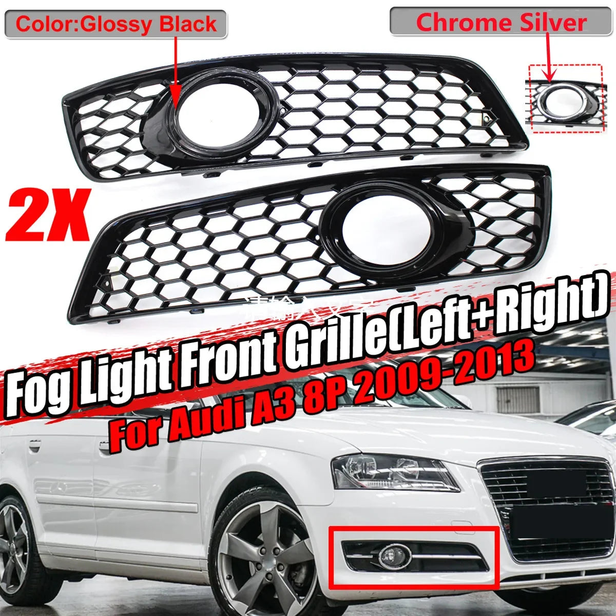Glossy/Chrome Car Front Grille Honeycomb Grille Cover Mesh Grill For Audi A3 8P 2009-2013 8P0807682D  Fog Light Grille Cover