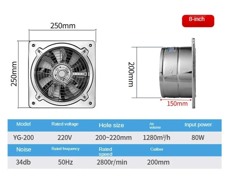 6''7''8'' Booster Fan Extractor Exhaust fan Ventilation Pipe Fan for Bathroom Toilet Kitchen Wall Window Stainless Steel Fan
