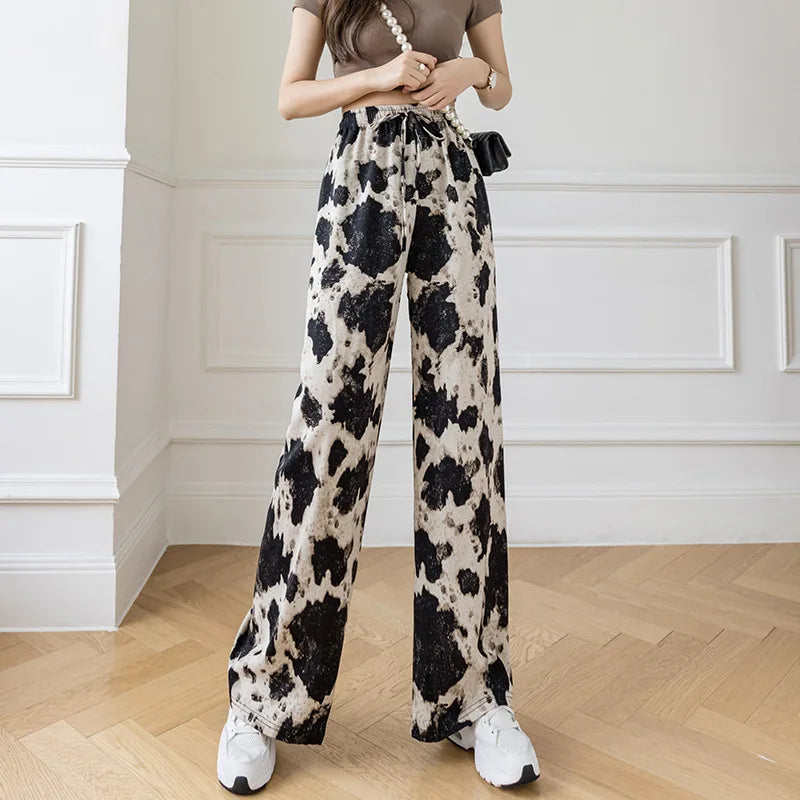 Summer Casual Loose Wide Leg Pants Women's Tie Dye Ink Ice Silk Loose Leopard Print Ethnic Style Long Pants Casual Trousers