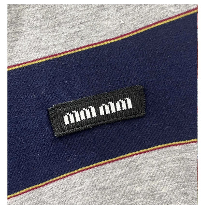 Sweet Cool Girl Spring New Style Miu Style Embroidered Letter Grey Blue Color Block Stripe  Short Sleeve Women's Top