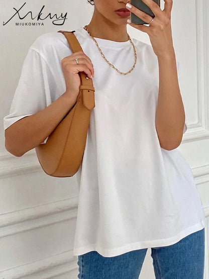 Simple White Oversize T-shirts For Women Cotton Summer Green T Shirts Women Short Sleeve Loose Blue T Shirt Women Yellow Top Tee