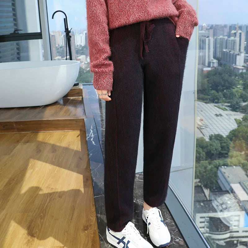 100% mink wool knitted high-waisted pencil pants women's casual autumn and winter new warm solid color thick cashmere pants