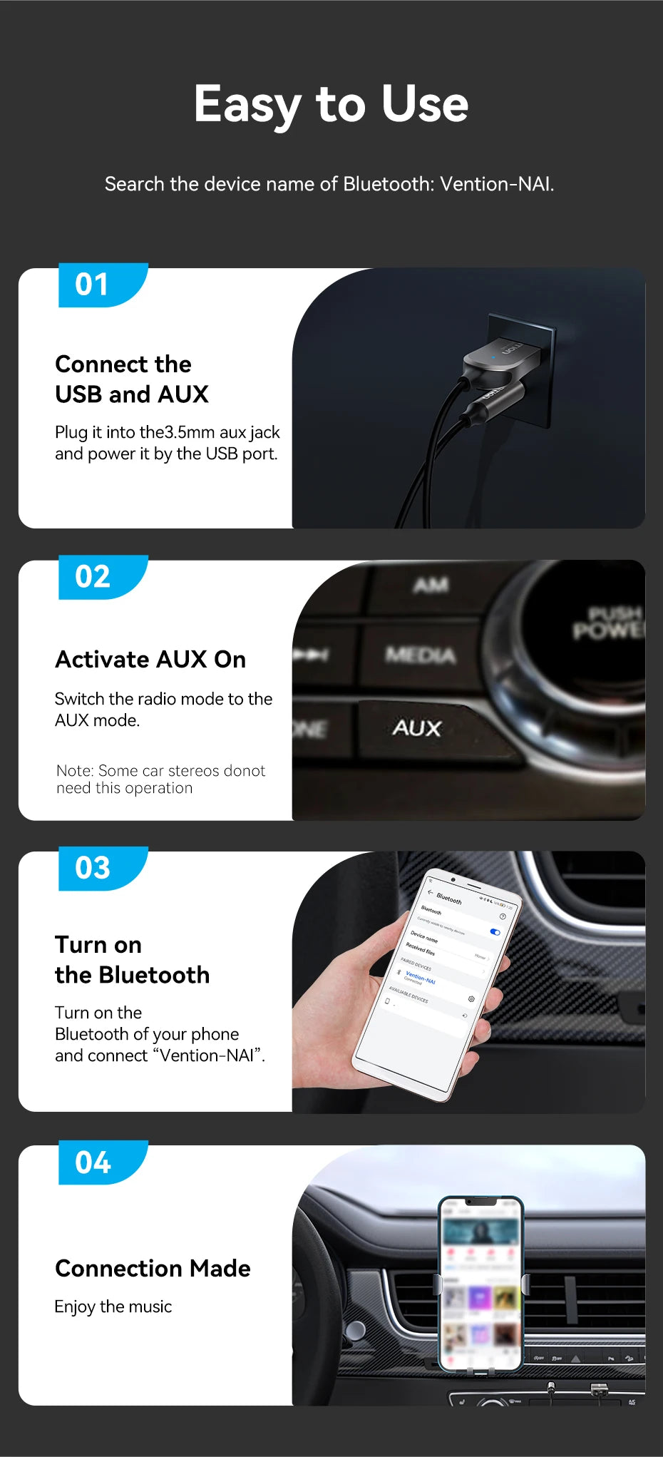 Vention Aux Bluetooth Receiver USB Bluetooth 5.4 Adapter For Car 3.5mm Jack Speaker Auto Handfree Car Audio Music Transmitter