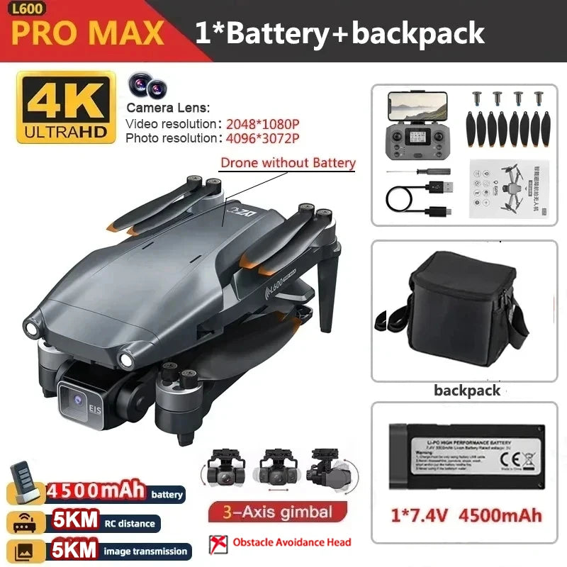 L600 PRO / PRO MAX GPS Drone Professional 4K 3-Axis PTZ HD Dual Camera Obstacle Avoidance Brushless Motor 5G WIFI Security Dron
