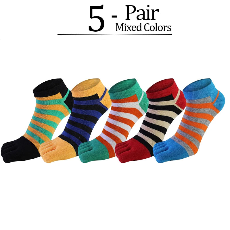 5 Pairs/lot Combed Cotton Ankle 5 Finger Socks Men Boy Striped Colorful Casual Sweat-Absorbing Breathable Boat No Show Toes Sock