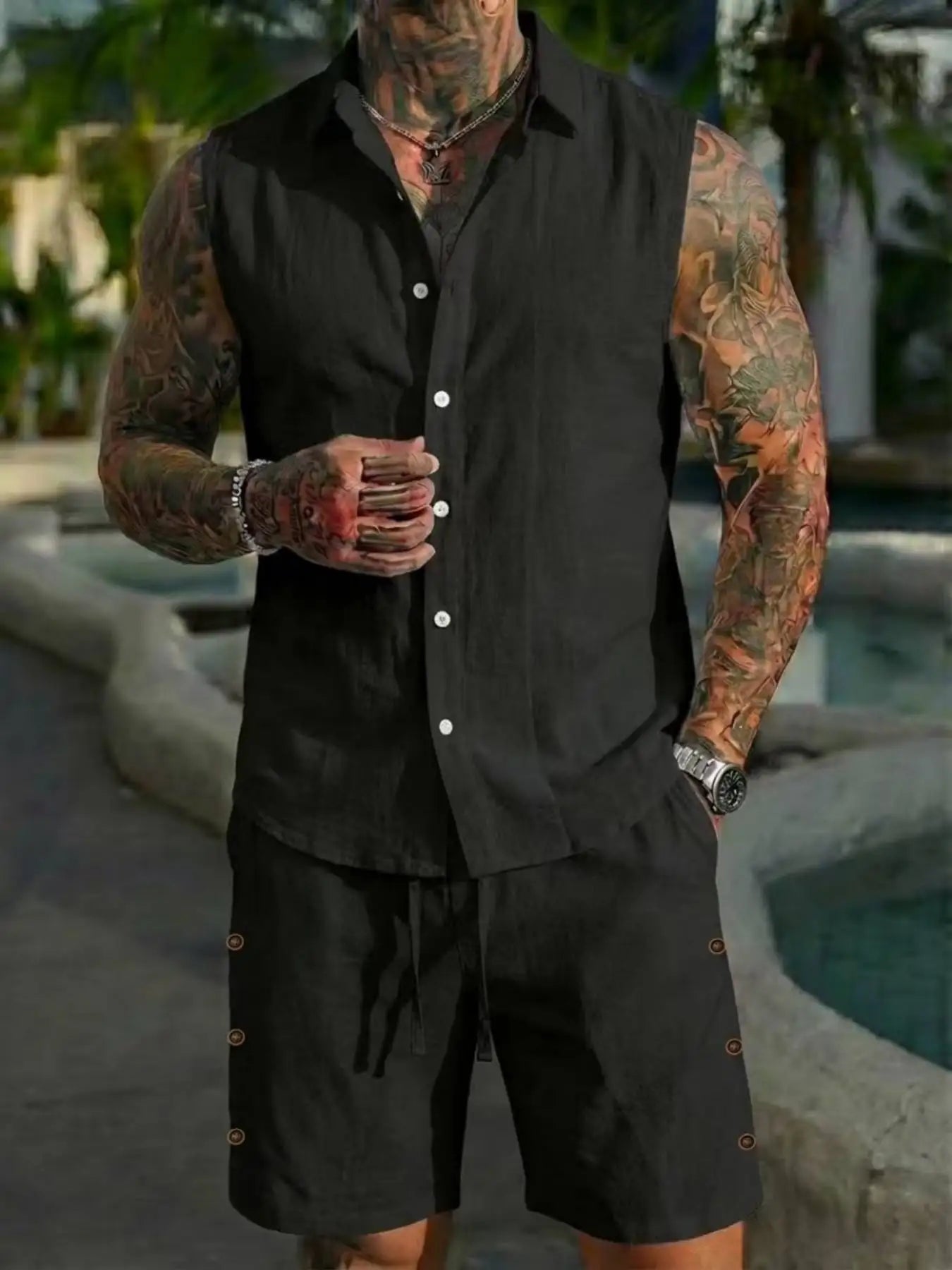 New Men's Sexy and Fashionable European and American Men's Cotton and Linen Style Casual Cardigan Vest Set Combination