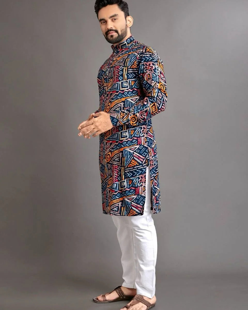 Luxury Islamic Arabic Abaya Robe National Style Ethnic Print Stand Collar Youth Mid-length Ropa Arabe Hombre Kurta For Men