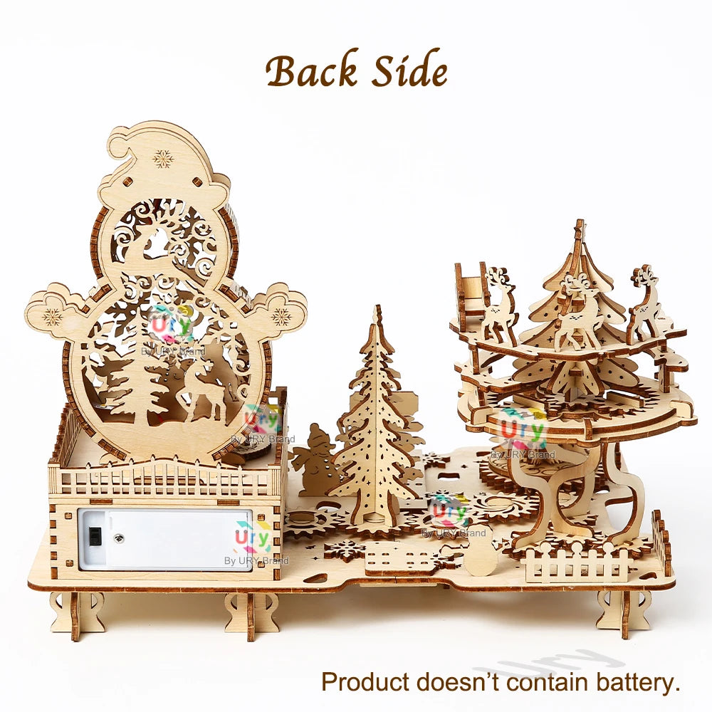 3D Wooden Puzzle Christmas Amusement Park Deer Carriage Music Box with Light Assembly Toy DIY Model Decoration for Gifts
