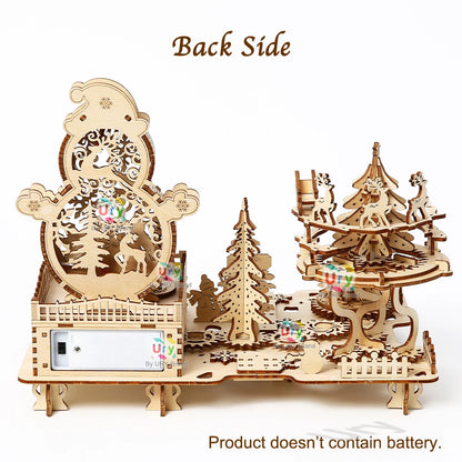 3D Wooden Puzzle Christmas Amusement Park Deer Carriage Music Box with Light Assembly Toy DIY Model Decoration for Gifts