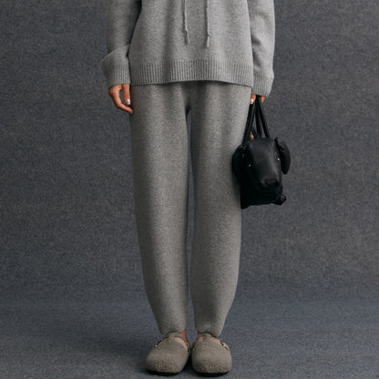 Women's 100% Cashmere Casual Solid Color Knitted Jogging Pants Elastic Waist Sports Pants with Pocket Thickened Warm