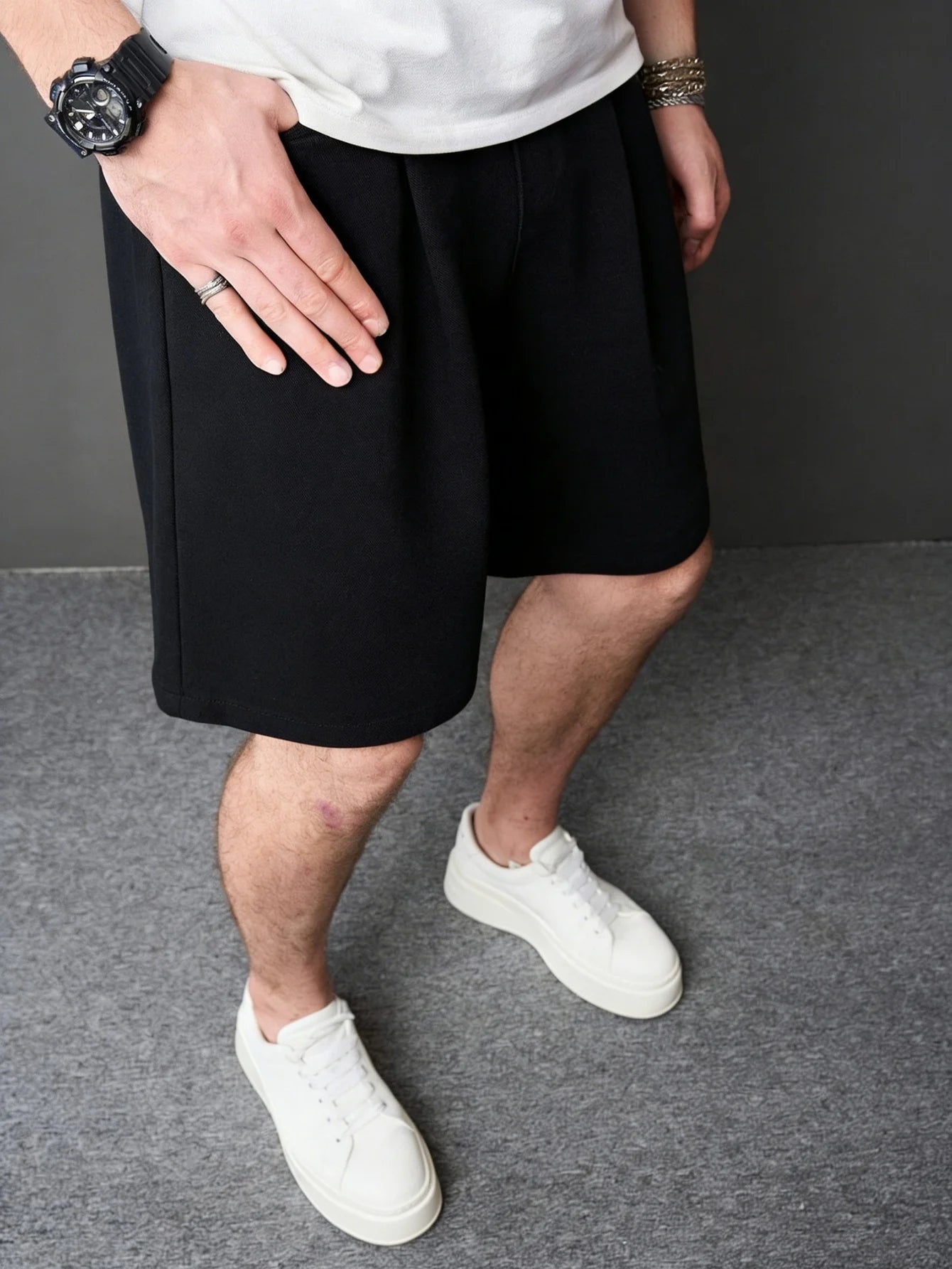 Men everyday wear black non stretch denim jorts loose casual solid color stylish comfortable short pants