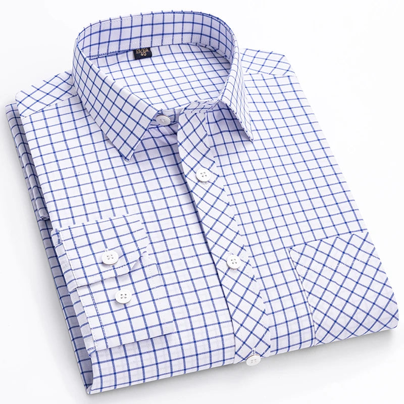 The New Men's Long-Sleeved Shirt Is Cool and Casual. It's a Thin, All-Cotton, Streetwear Checkered Style for Spring and Summer