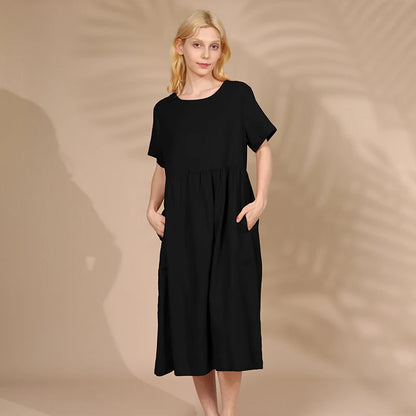 Summer Cotton Linen Women Dresses Vintage Short Sleeve Casual Loose Back Bandage Harajuku Party Club Dress With Pockets